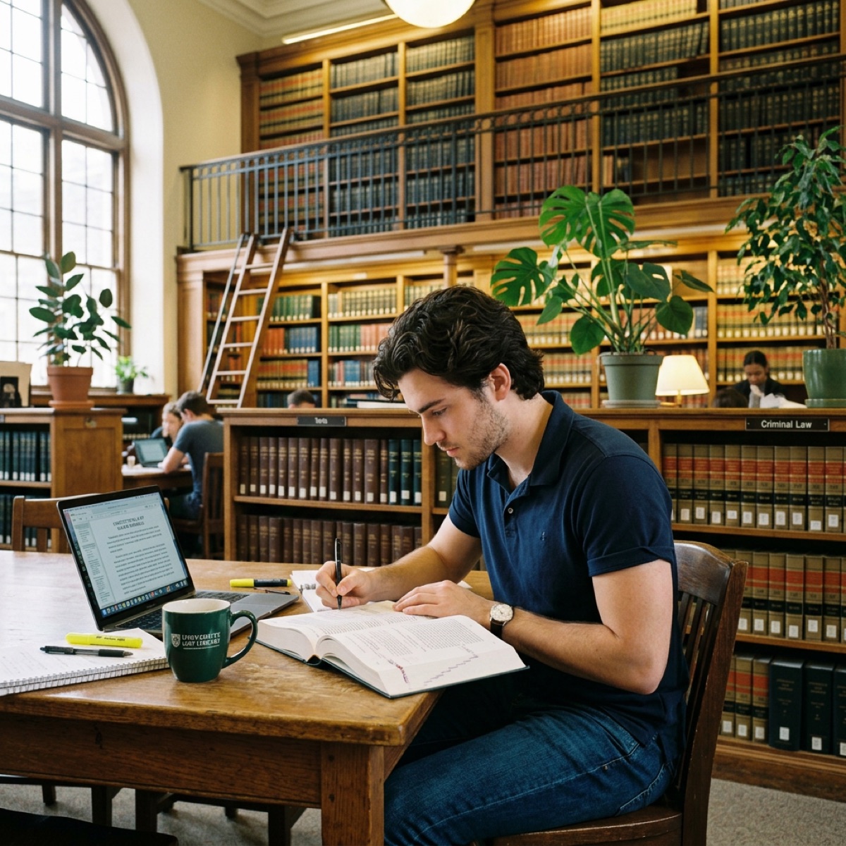 Un adulto estudiando en la mesa de una biblioteca